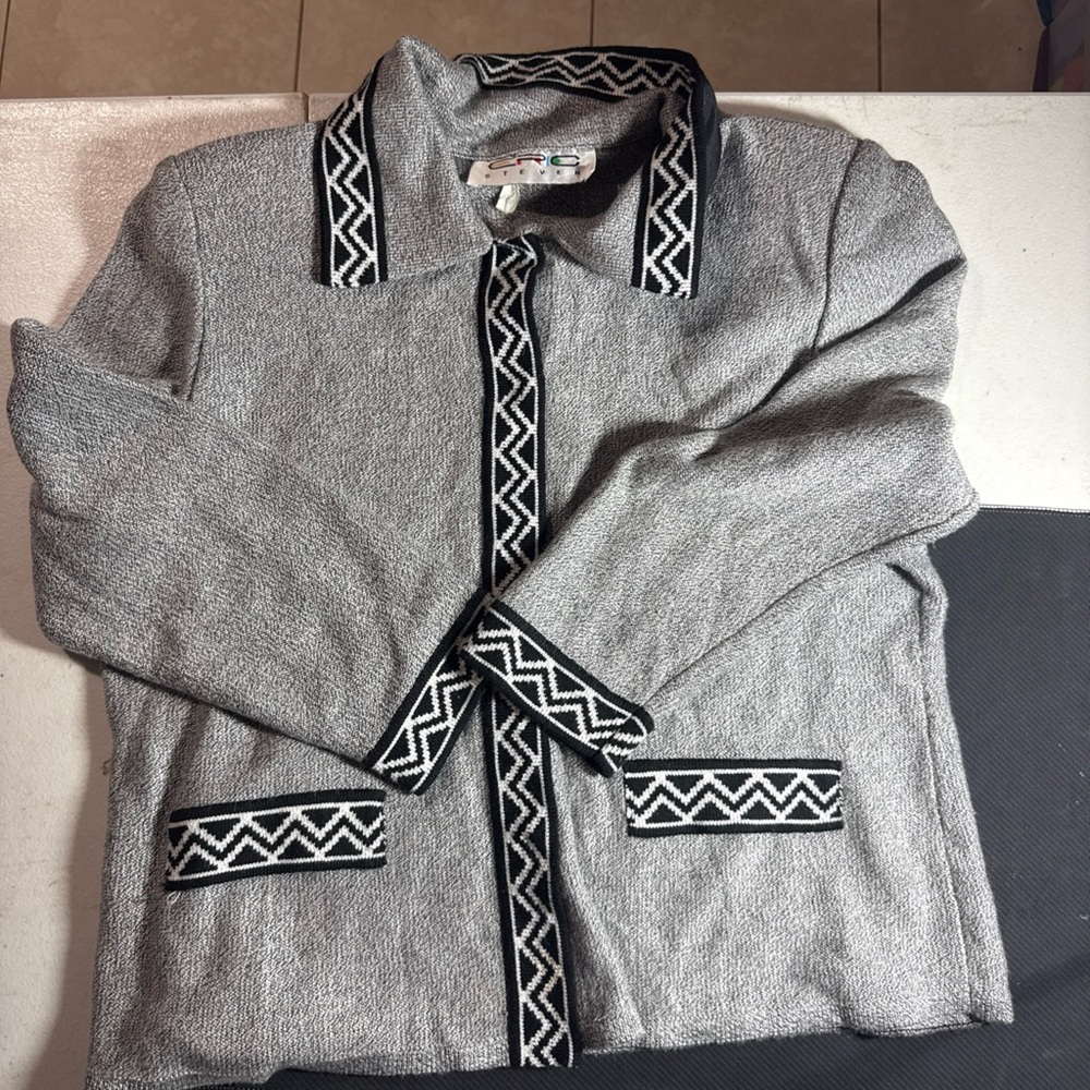 Vintage EPIC STEVEN Grey & Black Cardigan Sweater Size Medium Made In USA